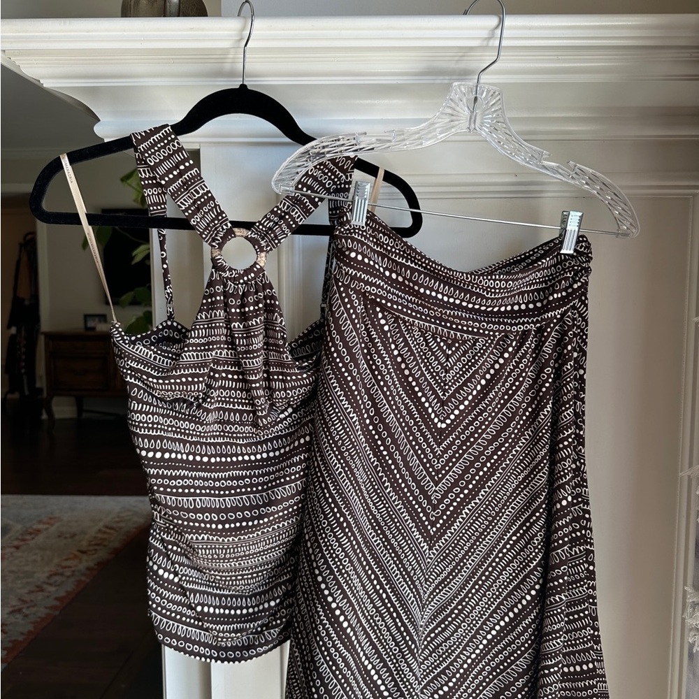 Chic Brown and White Patterned BCBG MAX AZRIA Top and Skirt Set